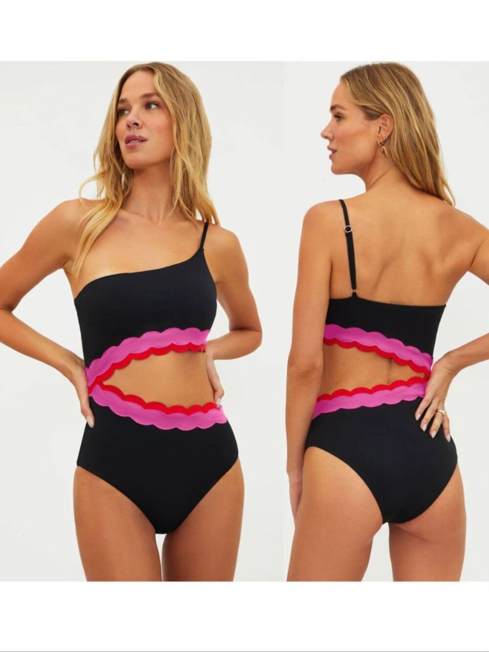 Beach Riot Liora One Piece SWIMSUIT Size XL One Shoulder Cut-Out Black Pink NEW